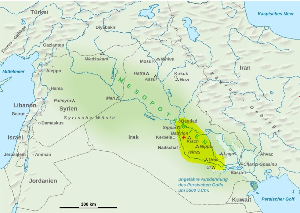 Karte Mesopotamien Bild mit einer Karte von Mesopotamien, auf der im Süden das Gebiet Sumer liegt. Dort befindet sich die Wiege der Astrologie.