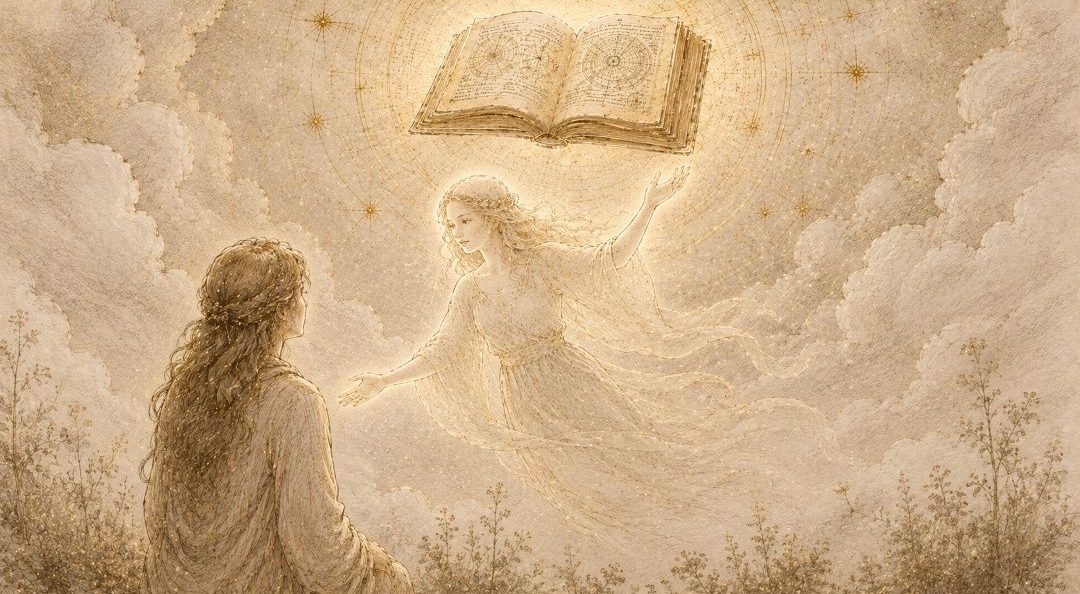 Seele zwischen Himmelsbuch und Mensch, KI-generiert und bearbeitet