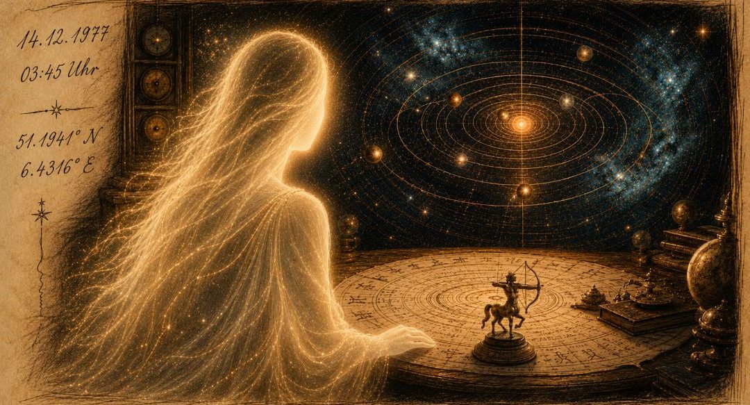 Seele, die ihr Horoskop schaut KI-generiertes und überarbeitetes Bild einer Seele, die auf die Sternenhimmel schaut.