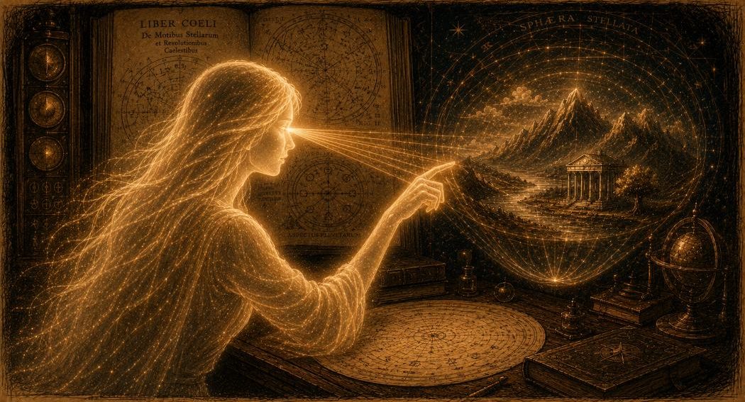 Die Welt als holographische Projektion, das Himmelsbuch im Hintergrund.