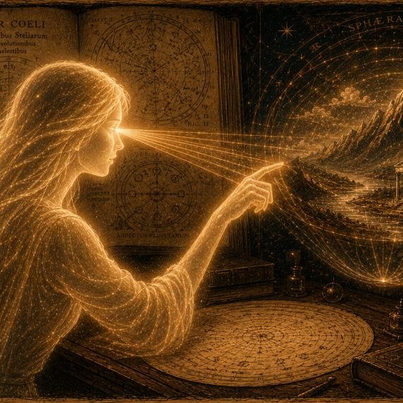 Der Geist baut die Welt als holographische Projektion, das Himmelsbuch im Hintergrund.